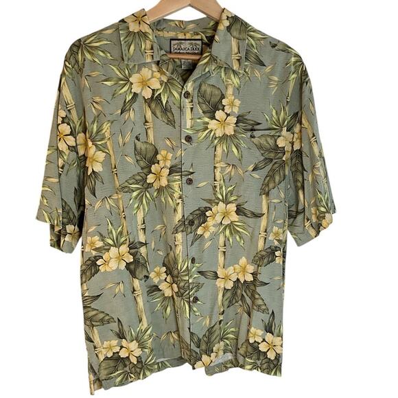 Jamaica Jaxx Mens Light Green Yellow Floral 100% Silk Shirt Large Vacation - Picture 1 of 9